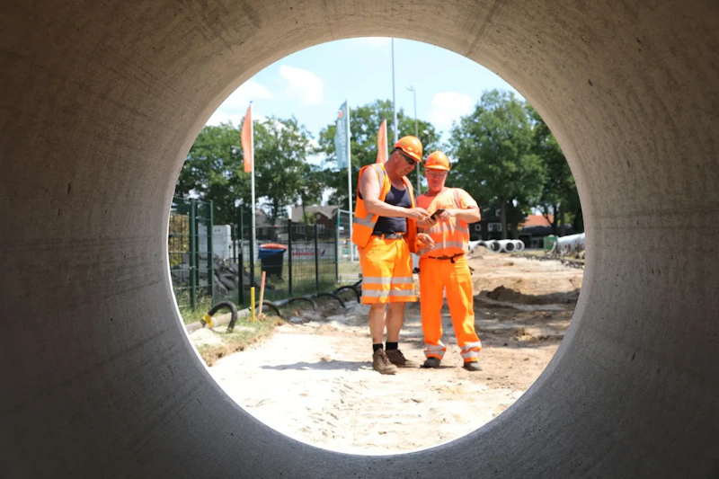 Twee bouwvakkers in oranje veiligheidskleding en helmen bekijken een apparaat op een bouwplaats, gezien door een ronde betonnen pijp.
