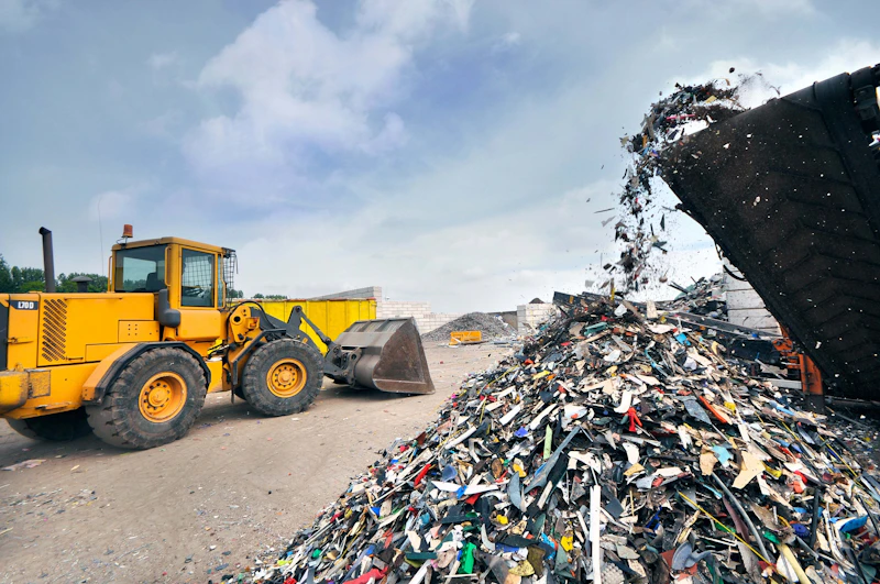 Grote gele frontlader op een industrieterrein naast een berg metaalresten, terwijl een container schroot in de stapel kiepert onder een bewolkte lucht.