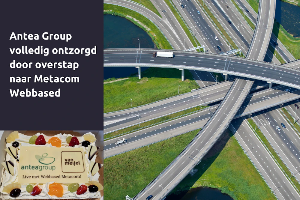 Luchtfoto van een complex snelwegkruis met meerdere viaducten; links een donker vlak met witte tekst, en een taart met logo’s van antea group en Metacom.