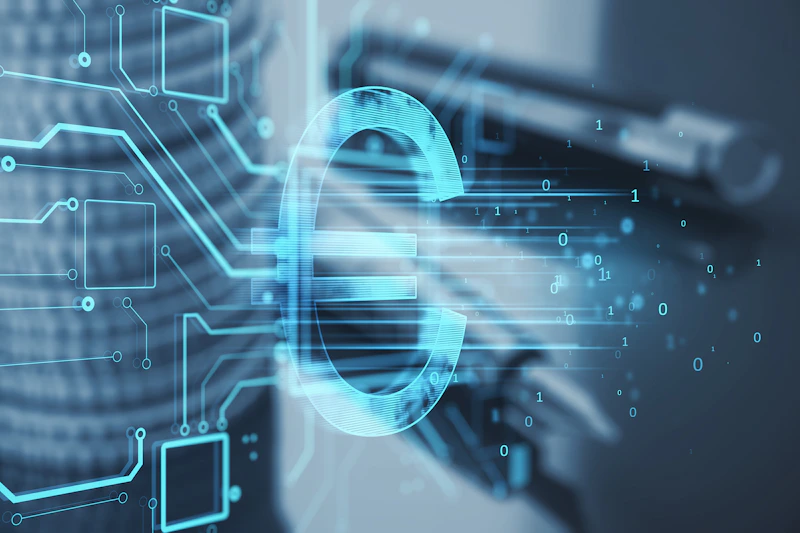 Close up of stacked coins and pen with creative glowing euro hologram on blurry backround. Futuristic hi-tech digital money and electronic economy of the future concept. Double exposure