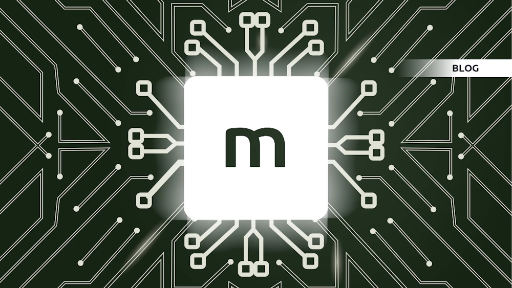 Centraal wit vierkant met donkergroene m-logo; stralende circuits rondom op een donkergroene achtergrond, BLOG-band rechtsboven.