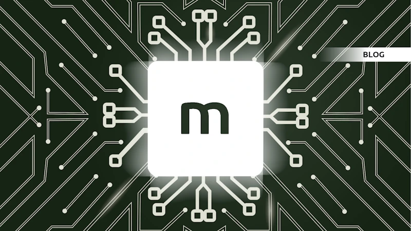 Centraal wit vierkant met donkergroene m-logo; stralende circuits rondom op een donkergroene achtergrond, BLOG-band rechtsboven.