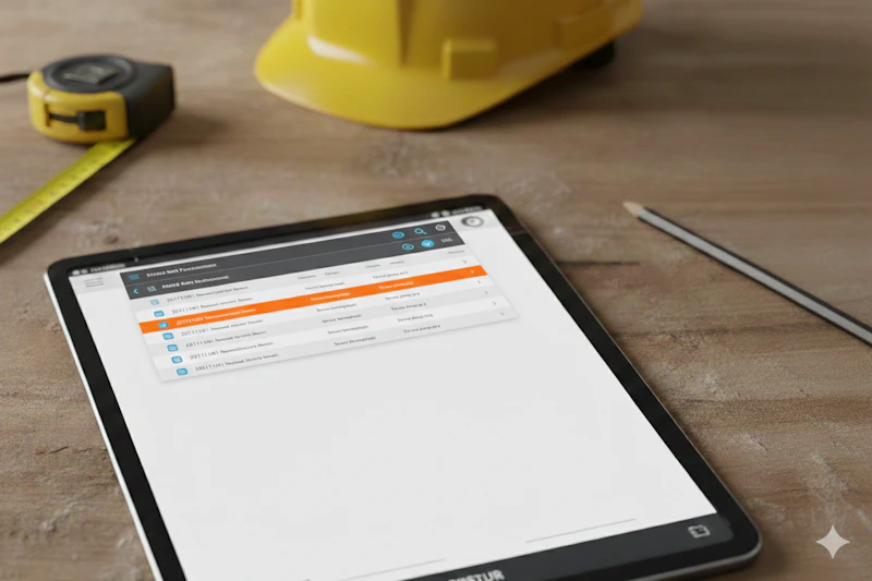 Tablet op houten tafel met bouwgereedschap: gele veiligheidshelm, meetlint en potlood; scherm toont een projectdashboard met oranje markering.