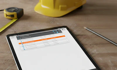 Tablet op houten tafel, gele bouwhelm op de achtergrond, meetlint en potlood erbij; scherm toont een app met lijsten.Digitale werkbon