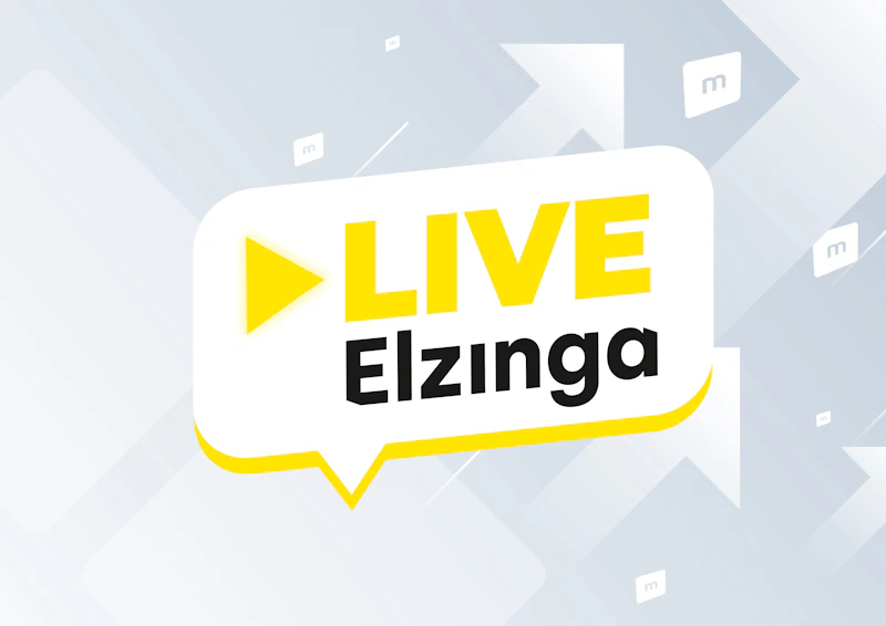 Illustratie van een witte spraakbal met 'LIVE Elzinga' (gele 'LIVE', zwarte 'Elzinga'), gele pijl en geel accent onderaan; lichtblauwe geometrische achtergrond.