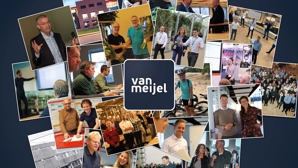 Collage van mensen op kantoor en bij evenementen, presentaties en samenwerking, rondom een centraal donkerblauw blok met de tekst 'van meijel'.