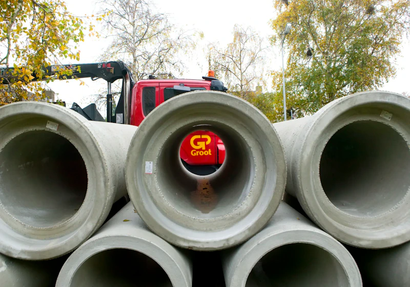 Grote betonnen pijpen liggen gestapeld buiten; een rode vrachtwagen is zichtbaar tussen de pijpen, met herfstbomen en gele bladeren op de achtergrond.