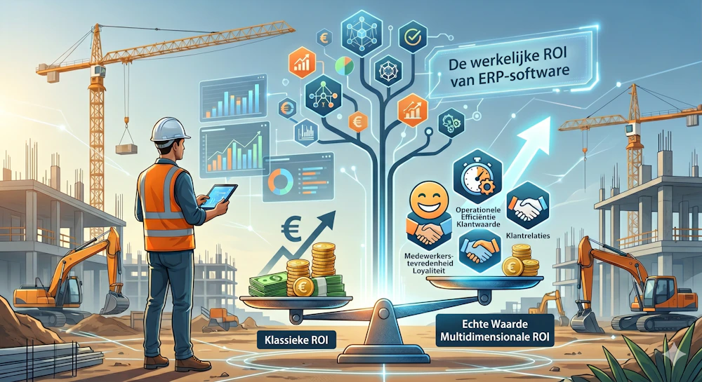 Een werknemer in veiligheidsvest en helm bekijkt een tablet op een bouwplaats, omgeven door een holografische ERP-ROI-boom, grafieken en euro-symbolen.