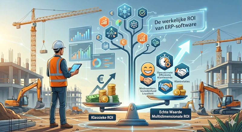 Een werknemer in veiligheidsvest en helm bekijkt een tablet op een bouwplaats, omgeven door een holografische ERP-ROI-boom, grafieken en euro-symbolen.