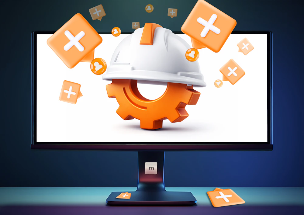 Een computerscherm toont een grote oranje tandwiel met witte veiligheidshelm, omringd door zwevende oranje blokjes met plus-icoontjes.