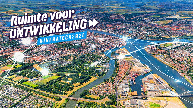 Luchtfoto van een stad met rivieren, groen en verbindende lichtlijnen; overlaytekst 'Ruimte voor Ontwikkeling' en '#INFRAtech2025'.
