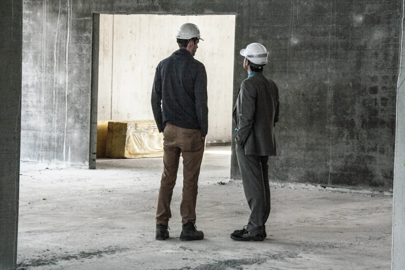 Twee personen met witte veiligheidshelmen staan in een onafgewerkte betonnen ruimte, vanaf de achterkant gezien, kijkend naar een deuropening naar een lichtere ruimte.
