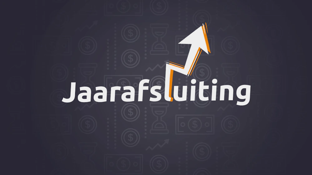 Donker paarse achtergrond met subtiele financiële pictogrammen; centraal witte tekst 'Jaarafsluiting' en een opwaartse pijl met oranje rand.