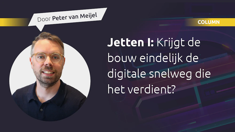 Portret van een persoon met bril en baard in een witte cirkel links; rechts de tekst over de digitale snelweg voor de bouw, op een kleurrijke achtergrond.