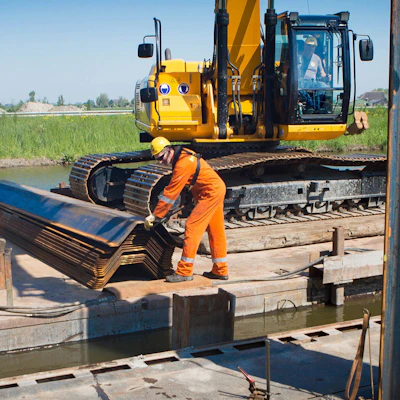 Een bouwarbeider in oranje veiligheidskleding en een gele helm tilt metalen platen terwijl een grote gele graafmachine met rupsbanden op de waterkant staat.Nooit meer materieel kwijtraken