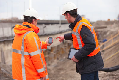 Twee bouwmedewerkers op de bouwplaats. Man links heeft een oranje werkjas aan, een witte bouwhelm op en een telefoon in zijn hand. De man rechts heeft een oranje hesje aan, een witte bouwhelm op, een tablet in zijn hand en wijst naar de telefoon van zijn collega. Samen kijken ze naar de projectplanning.Digitale werkopdrachten