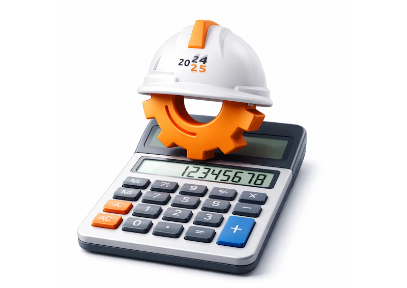 Rekenmachine met witte bouwhelm en een oranje tandwiel bovenop; op de helm staat '2024 25'. Display toont 12345678.