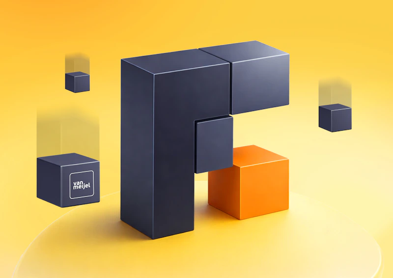 Abstracte 3D-constructie met donkerblauwe blokken die een F vormen en een oranje blok eronder, tegen een gele achtergrond; logo van meijel.
