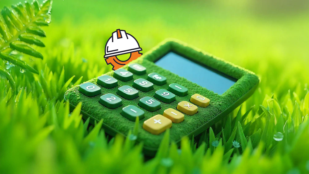 Een mosgroene rekenmachine ligt in fel groen gras, met groene en gele knoppen; bovenaan zweeft een cartoon bouwhelm-icoon.