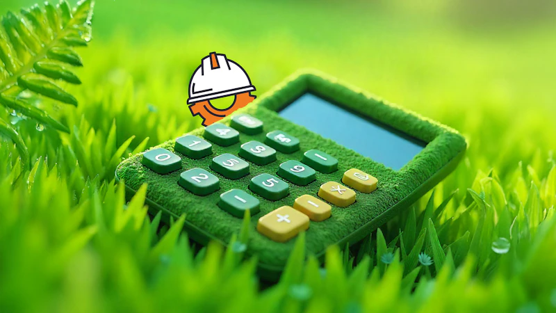 Een mosgroene rekenmachine ligt in fel groen gras, met groene en gele knoppen; bovenaan zweeft een cartoon bouwhelm-icoon.