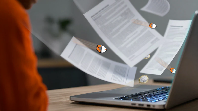 Laptop op een houten tafel terwijl documenten door de lucht zweven; een persoon in oranje kleding staat links.