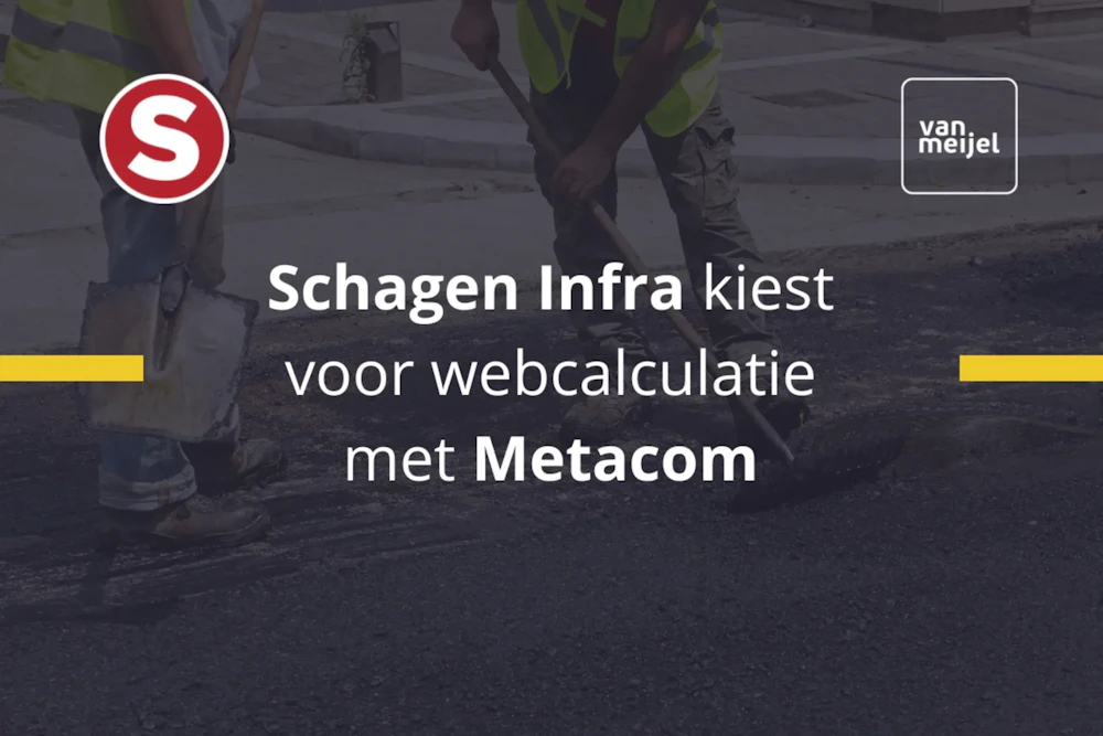 Wegenwerkers in hi‑vis vesten aan een weg, met witte tekst: Schagen Infra kiest voor webcalculatie met Metacom. Links het rode S-logo, rechts het Van Meijel-logo.