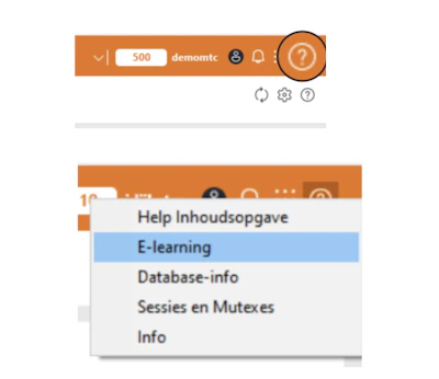 Oranje bovenbalk met icoontjes en een omcirkelde helpknop; een uitklapmenu toont opties als Help Inhoudsopgave, E-learning, Database-info, Info.