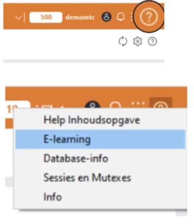 UI met oranje kopbalk en uitklapmenu; E-learning geselecteerd (blauw). Opties: Help Inhoudsopgave, Database-info, Sessies en Mutexes, Info; cirkelvormig vraagteken rechtsboven.