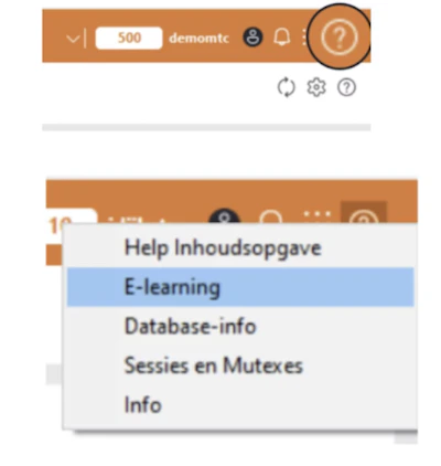 Screenshot van een oranje UI met een geopende helpmenu; opties: Help Inhoudsopgave, E-learning (geselecteerd), Database-info, Sessies en Mutexes, Info.Account e-learning