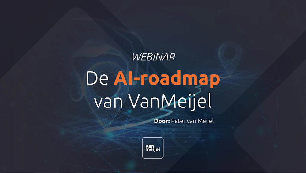 Webinar-banner met titel 'De AI-roadmap van VanMeijel', door Peter van Meijel, en een logo onderaan op een donker netwerkachtergrond.