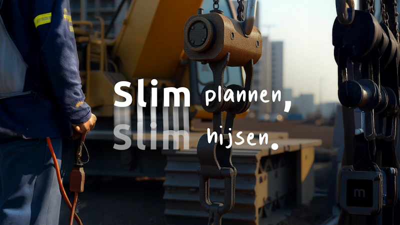 Personeel bij een hijsinstallatie met zware hijskettingen en een kraan; tekstoverlay: 'Slim plannen, slim hijsen'.