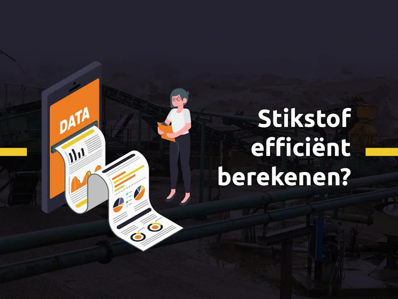 Cartoonfiguur naast een grote oranje DATA-scherm met grafieken; industriële leidingen op de achtergrond; tekst 'Stikstof efficiënt berekenen?'