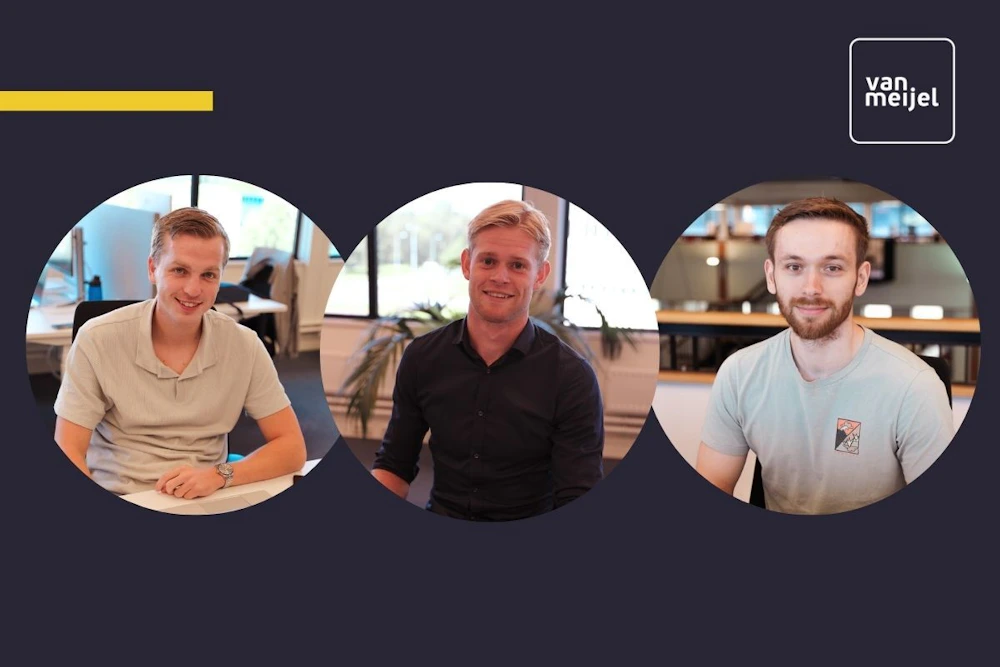 Drie mensen in ronde portretten zitten aan een kantoor-tafel; links in licht polo, midden in zwart overhemd, rechts in lichtgrijs T-shirt. Van Meijel-logo rechtsboven.