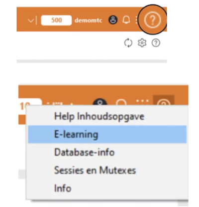 UI-scherm met oranje bovenbalk en circled help-icoon; venster 'Help Inhoudsopgave' met opties: 'E-learning' (geselecteerd), 'Database-info', 'Sessies en Mutexes', 'Info'.